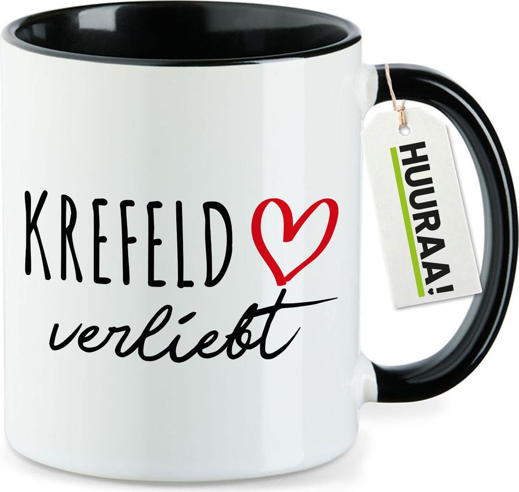 Huuraa Kaffeetasse Krefeld verliebt 330ml Schwarz Keramik Kaffeebecher Geschenkidee