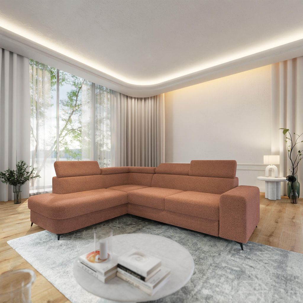 Masseno Ecksofa ALVORO L-S mit Schlaffunktion L-Form, Sofa mit Bettkasten, Wohnzimmersofa, Couch, Soffa, Bettsofa, Couchgarnitur- Orange, QUELLE 54