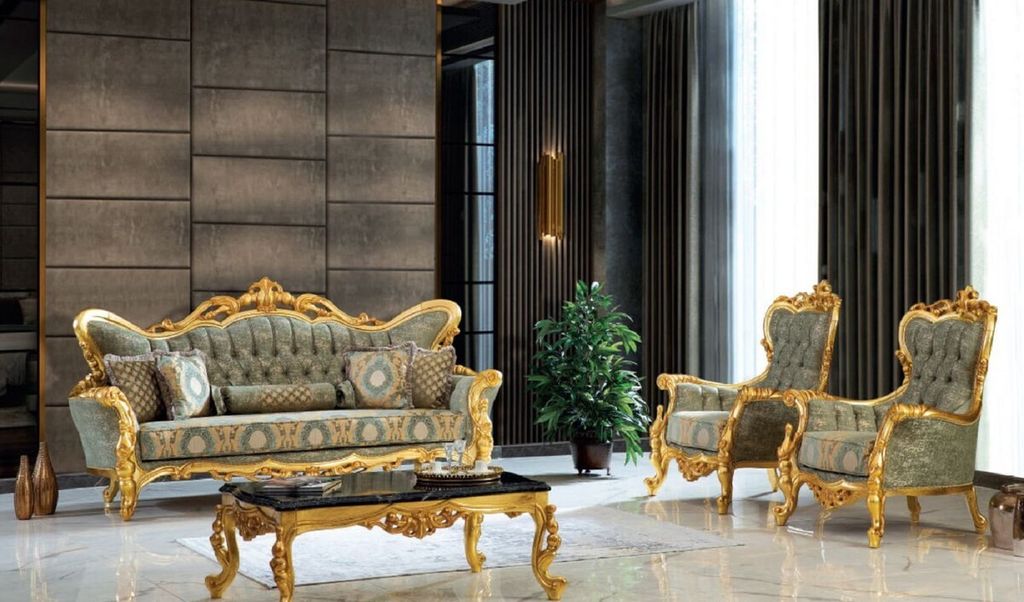 Casa Padrino Luxus Barock Wohnzimmer Set Grün / Schwarz / Gold - 2 Sofas & 2 Sessel & 1 Couchtisch - Handgefertigte Wohnzimmer Möbel im Barocksti...