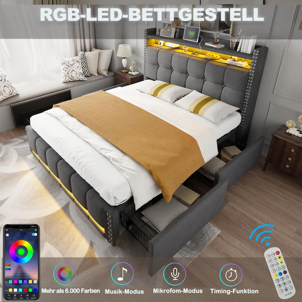 Lit Capitonné 160x200 avec Éclairage LED et Rangement Intégré - Gris