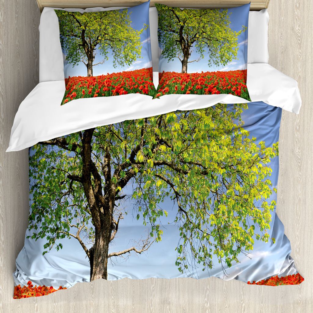 ABAKUHAUS Mohn Bettbezug, Frühlingslandschaft Blumen, Milbensicher Allergiker geeignet mit Kissenbezügen, 155 cm x 220 cm - 80 x 80 cm, Grün, Ro...