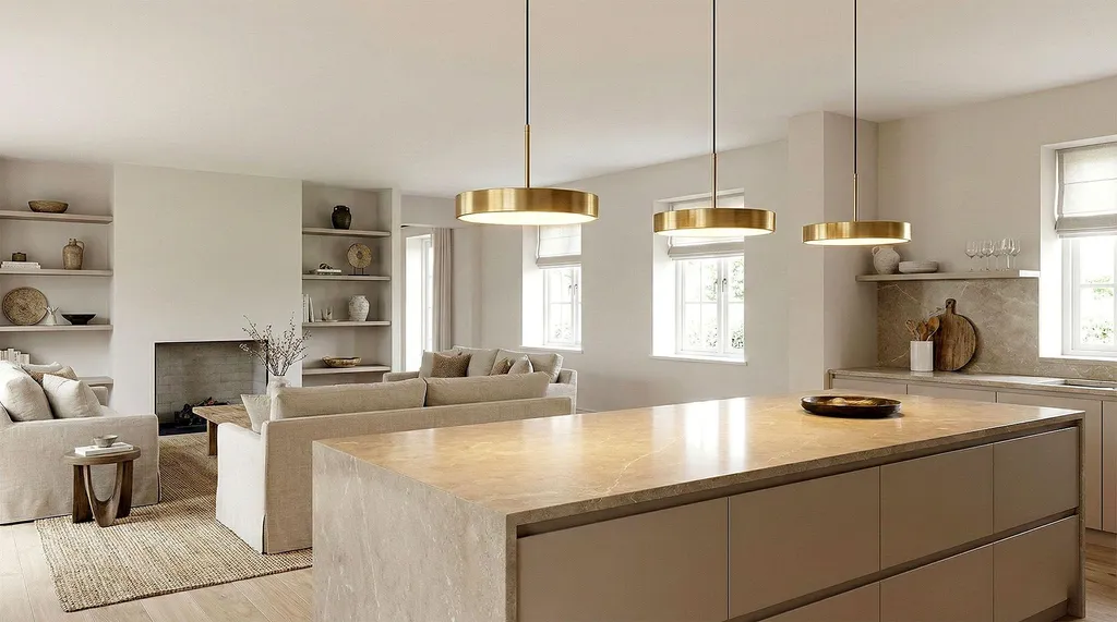Lustre Suspendu LED Couleur Or Brossé au Design Épuré et Luxueux