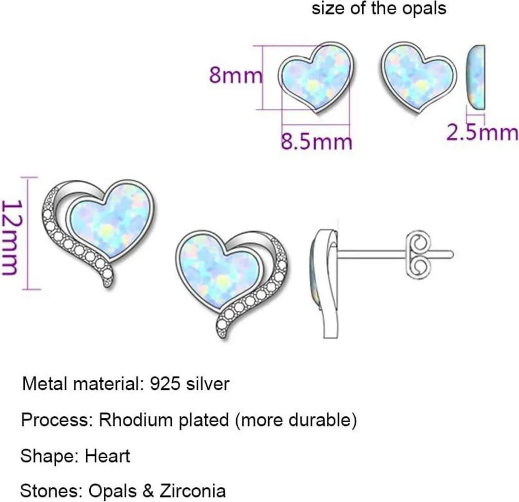 YL Orecchini a forma di cuore opale in argento sterling 925 giglio orecchini bianco/verde/blu/rosa opale regalo per signore mamma fidanzata, Argento, Opale