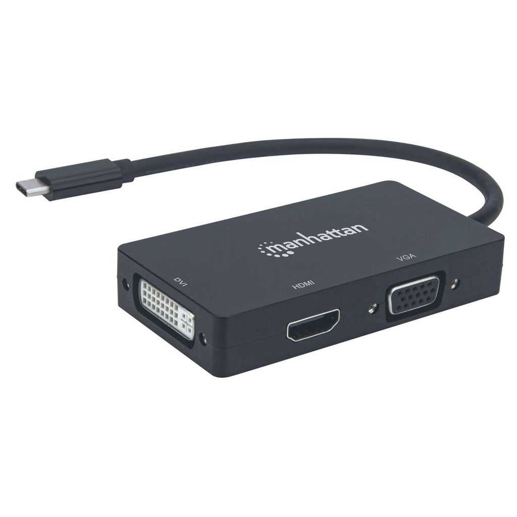 Manhattan USB-C 3-in-1 Multiport A/V-Konverter, USB Typ C-Stecker auf DVI-, HDMI- oder VGA-Buchse, 4K@30Hz auf HDMI-Port, 1080p auf VGA- und DVI-Po...