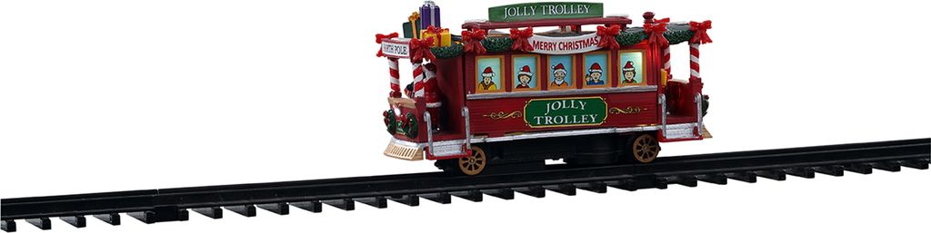 A festive red trolley decorated for Christmas, sitting on a black train track.
