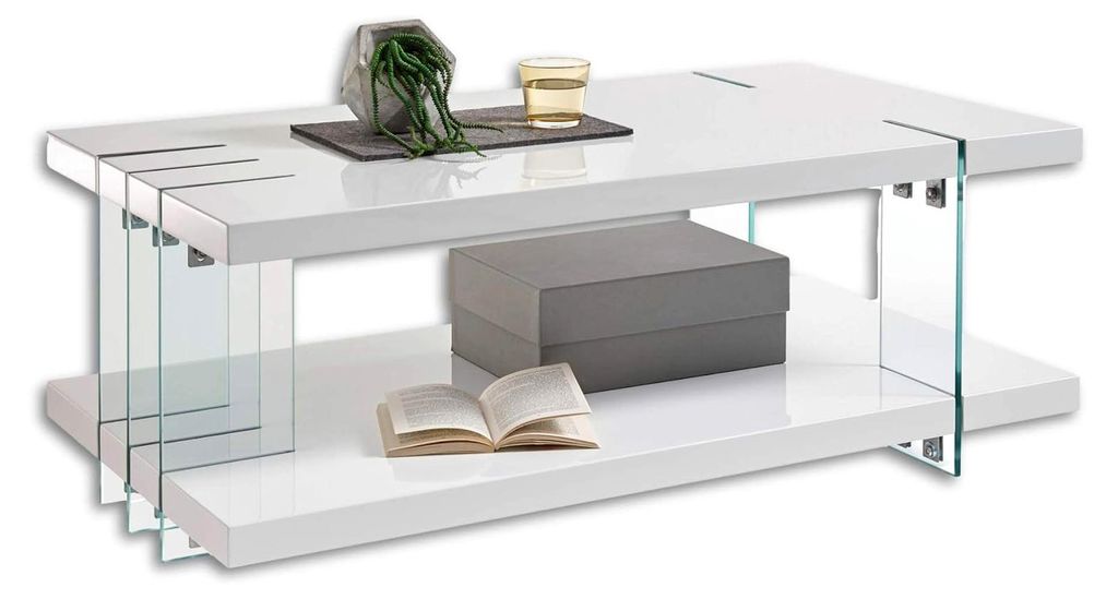 Eleganter Couchtisch in Weiß Hochglanz mit fünf Glaswangen - stilvoller Sofatisch mit Ablage für Ihr Wohnzimmer - 110 x 40 x 60 cm (B/H/T)