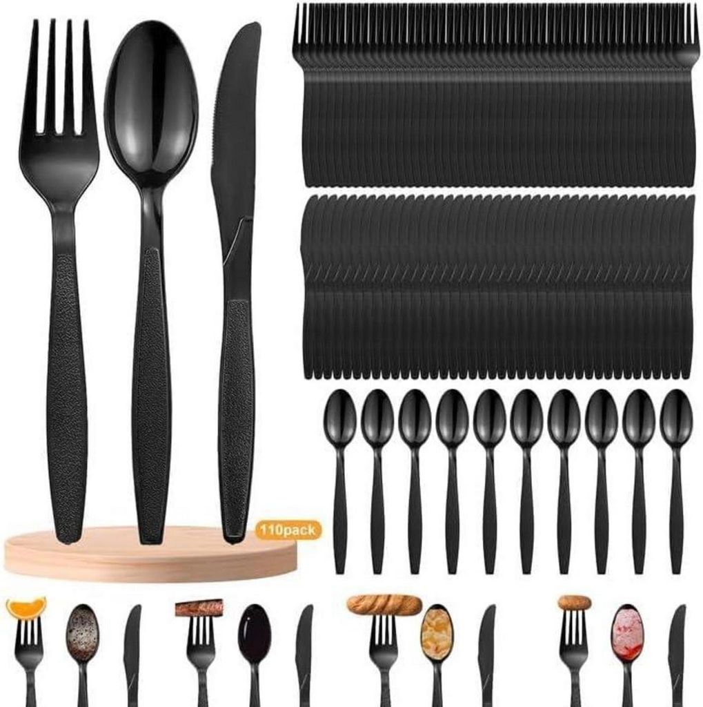 110-teiliges Schwarz Plastikbesteck Set für Partys und Produktbild 