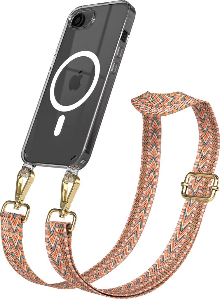 EAZY CASE - Handykette mit MagSafe Hülle für Apple iPhone 16e, Handyband ZigZag Style,Karabiner Gold, Umhängeband in Orange