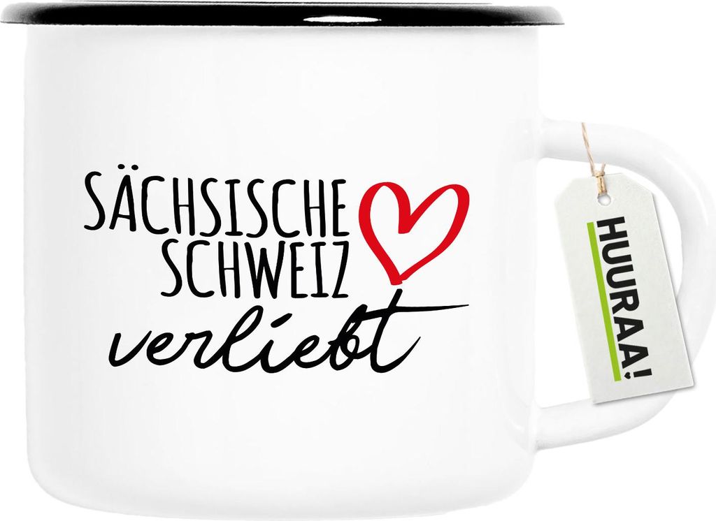 Huuraa Emaille Tasse Sächsische Schweiz verliebt 300ml Vintage Campingbecher Geschenkidee