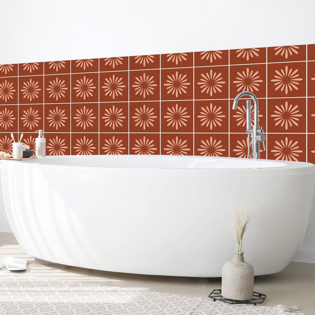 Wandverkleidung Bad Muster selbstklebend - 0.35 mm Wandpaneel matt wasserfest Blumenmuster rot Fliesenoptik Badrückwand fugenlos 350x80 cm