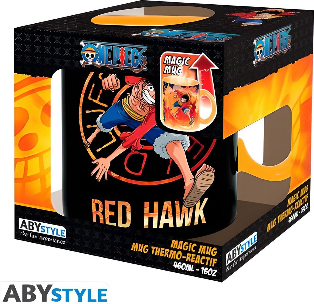 A product box for a One Piece magic mug, showing the mug and its features.