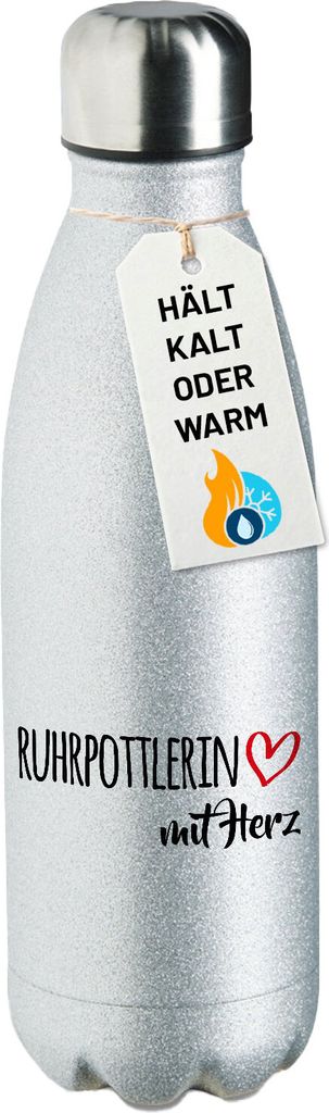 Huuraa Trinkflasche Ruhrpottlerin mit Herz 500ml Silver Edelstahl Wasserflasche Trinkflasche Geschenkidee
