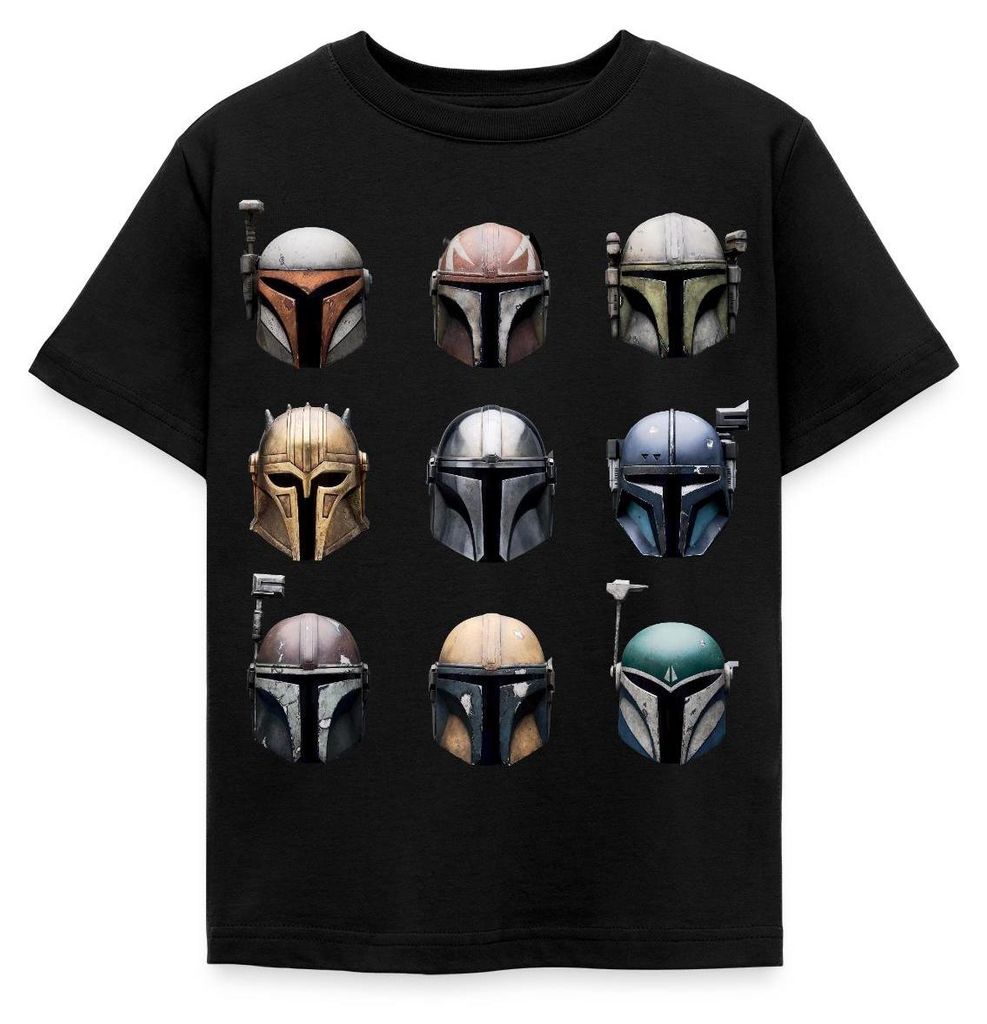 Star Wars: Mandalorian Mandalorianische Helme Kinder T-Shirt, 122/128 (7-8 Jahre), Schwarz