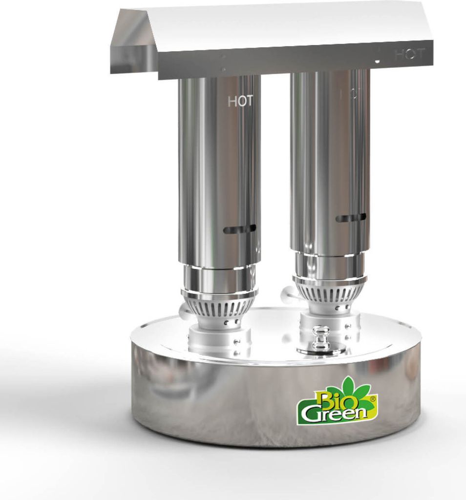 A 3D rendering of a stainless steel greenhouse heater with two heating elements and a reflective top.