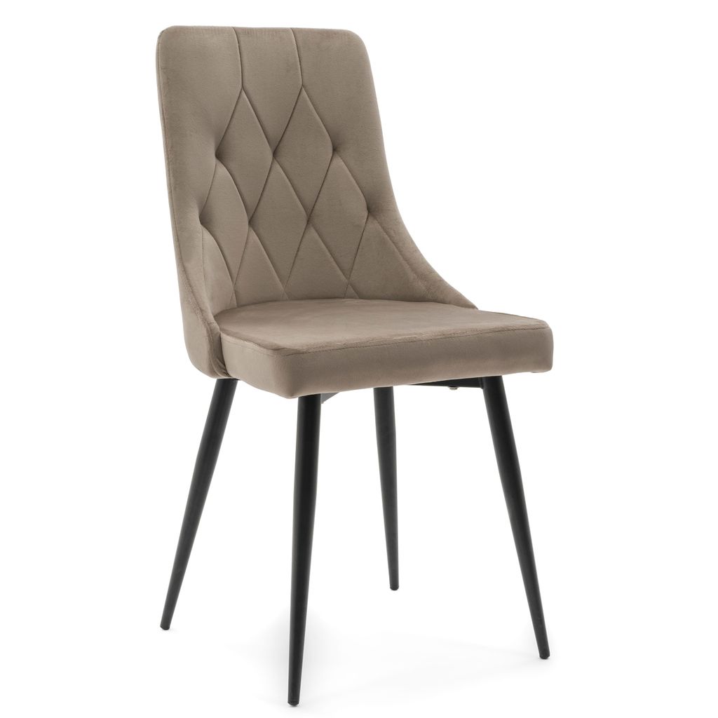 A single beige upholstered dining chair with diamond tufting on the back and black metal legs, shown against a white background.