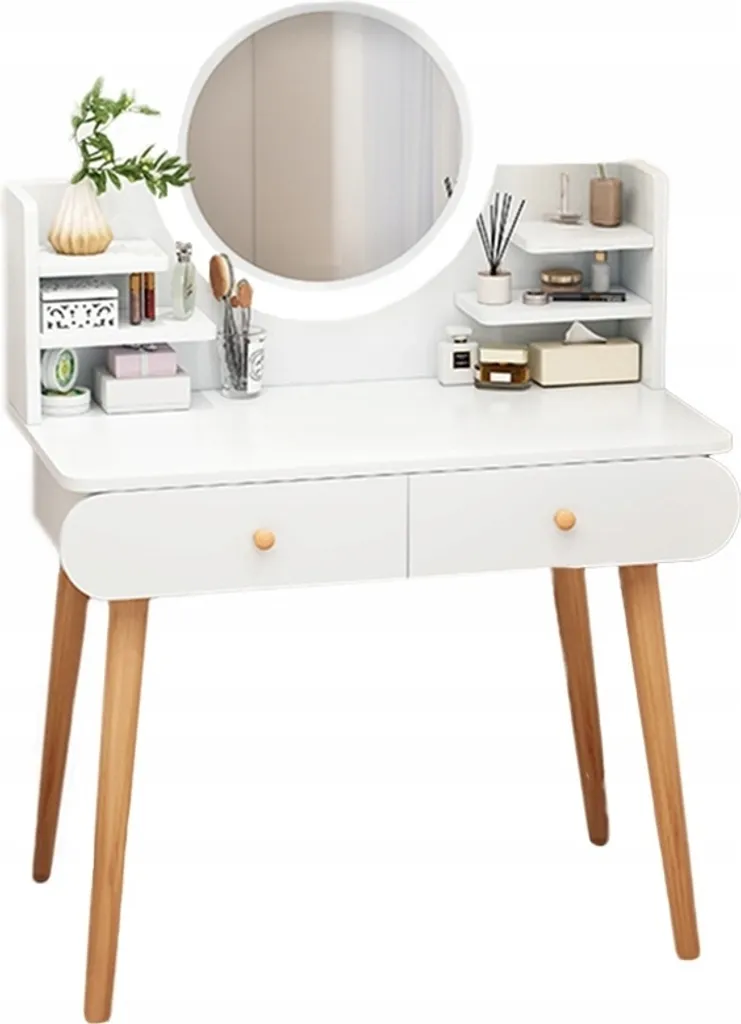 Coiffeuse Miroir Maquillage Blanc Style Scandinave avec Grand Plateau