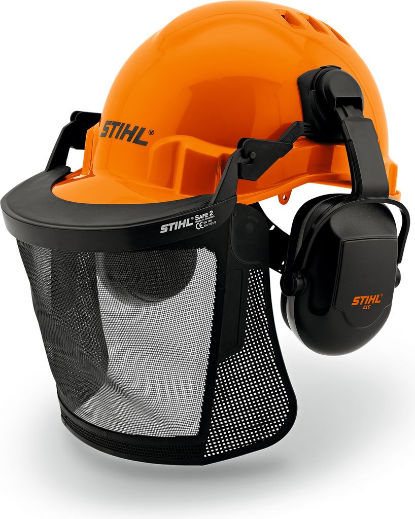 A professional studio shot of an orange and black STIHL helmet with ear protection and a mesh face shield.