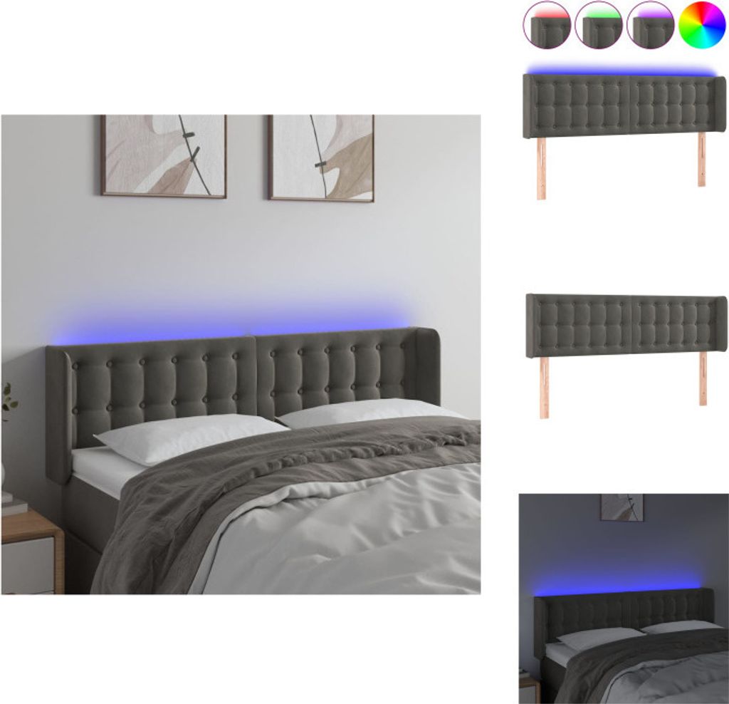 vidaXL LED Kopfteil Dunkelgrau 147x16x78/88 cm Samt - Kopf- & Fußenden