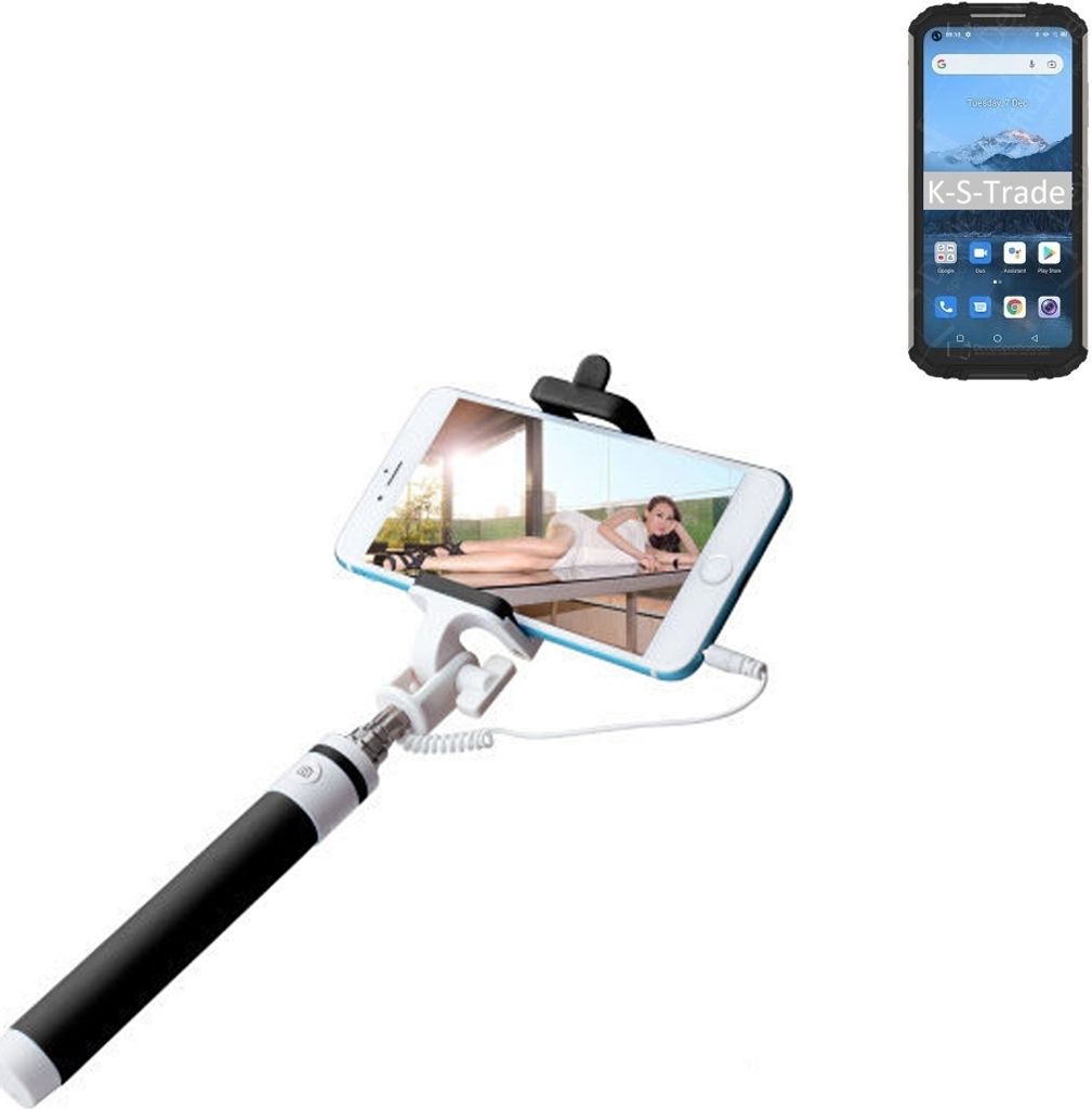 K-S-Trade Selfie Stick kompatibel mit Oukitel WP16 Selfiestick kabelgebunden Monopod mit Kabel Stab Stange Selfportrait Handheldstick schwarz 1x