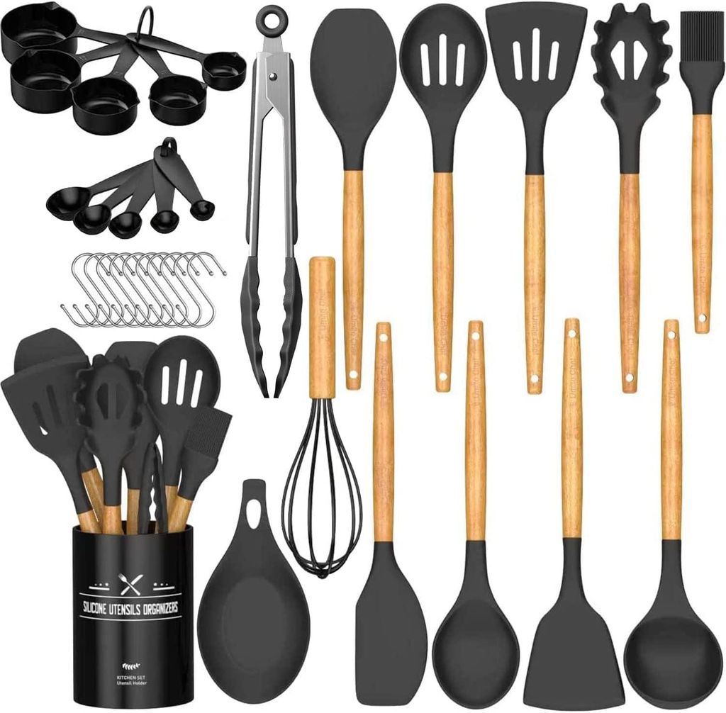 Küchenutensilien-Set, 24-teiliges Kochgeschirr-Set, Küchenset mit Besteckhalter, hitzebeständige Antihaftbeschichtung, hygienisch und spülmasch...