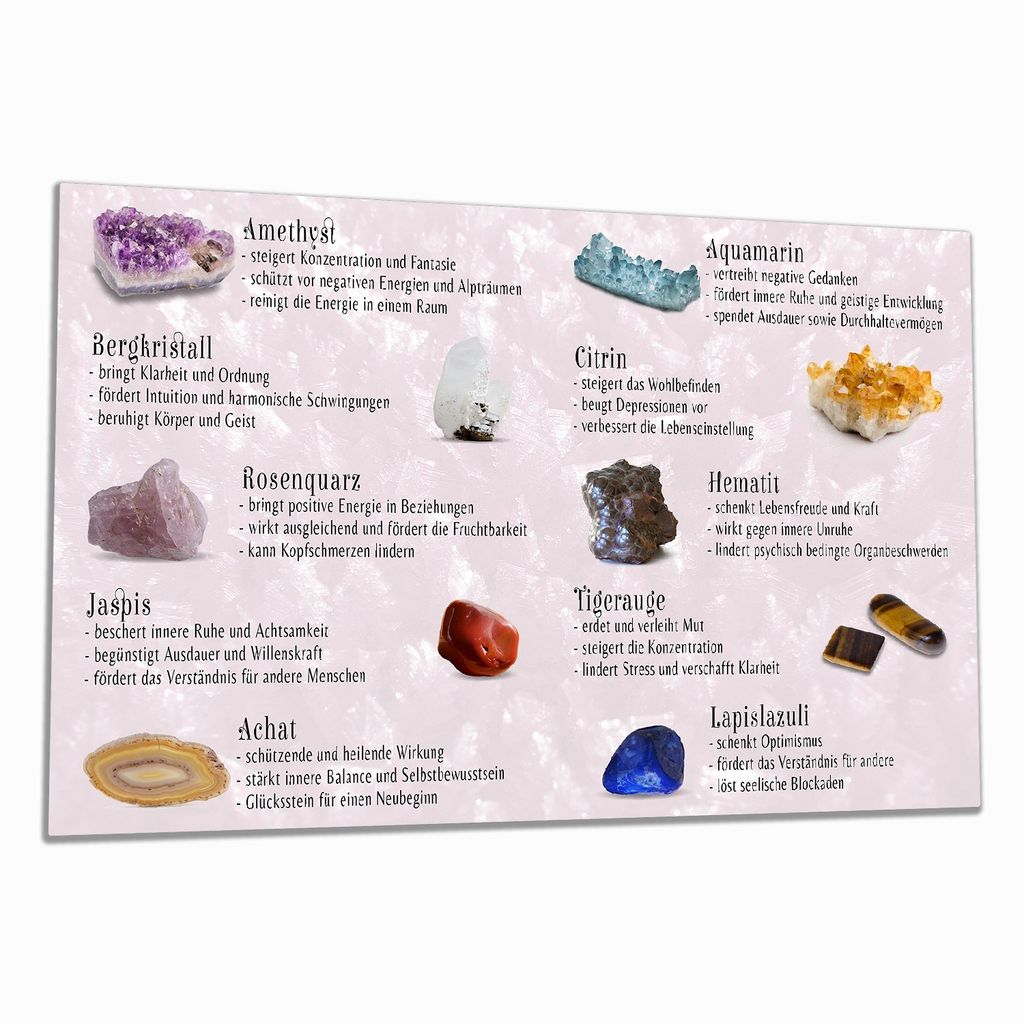 Wallario Herdabdeckplatte aus Glas, Größe 80 x 52 cm 1-teilig, Motiv Übersicht Heilsteine und Kristalle