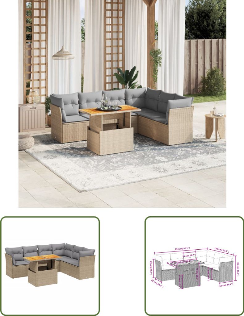 The Living Store 7-tlg. Garten-Sofagarnitur mit Kissen Beige Poly Rattan