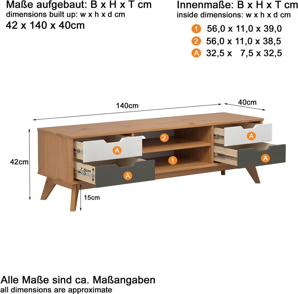 Scandik TV Tisch 4 Schubladen, 1 Ablage honig,weiß,grau. Produktbild 8