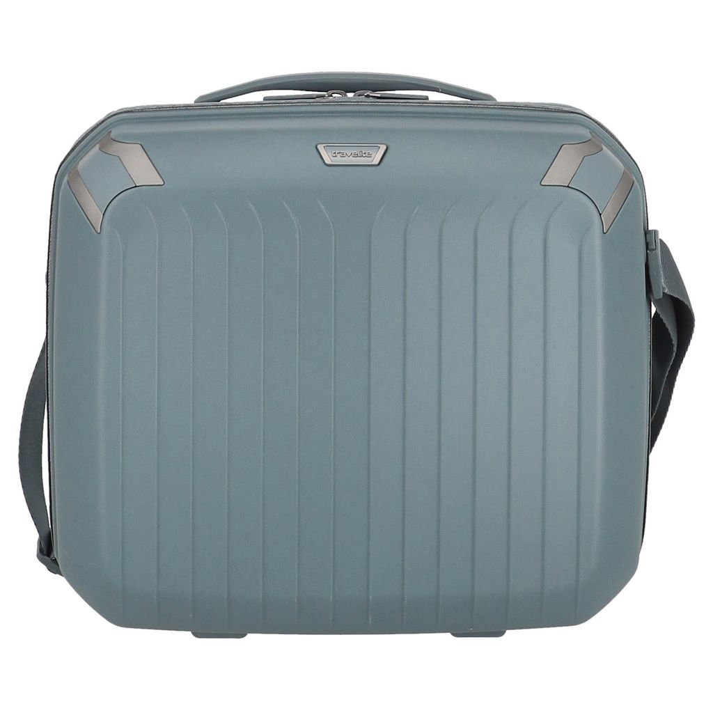 A blue beauty case with a gray strap is shown against a white background.