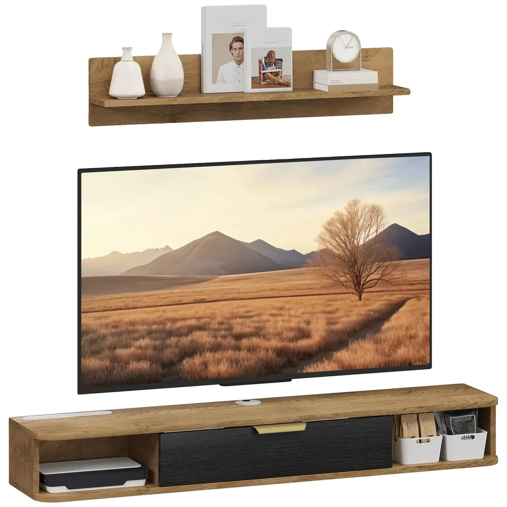 Meuble TV moderne chêne, rangements spacieux et portes coulissantes