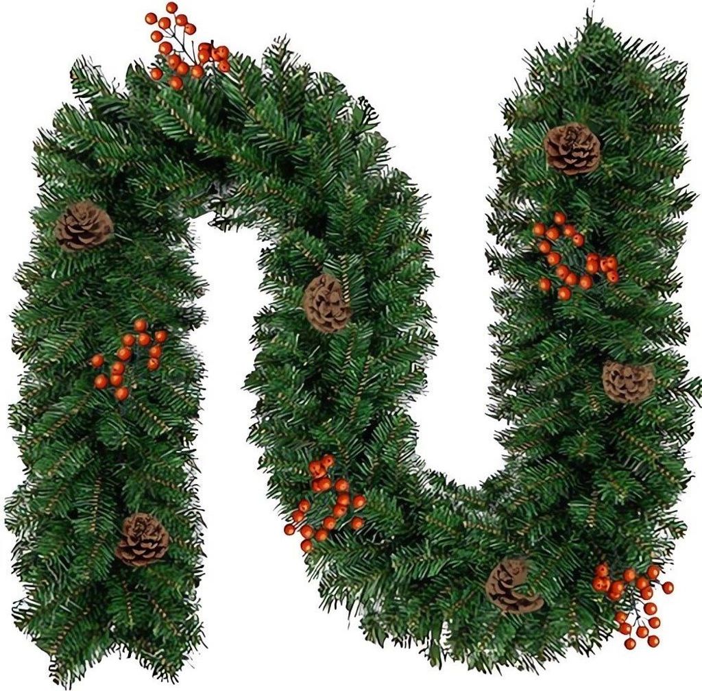 A green Christmas garland decorated with pine cones and red berries, laid out in a U-shape on a white background.