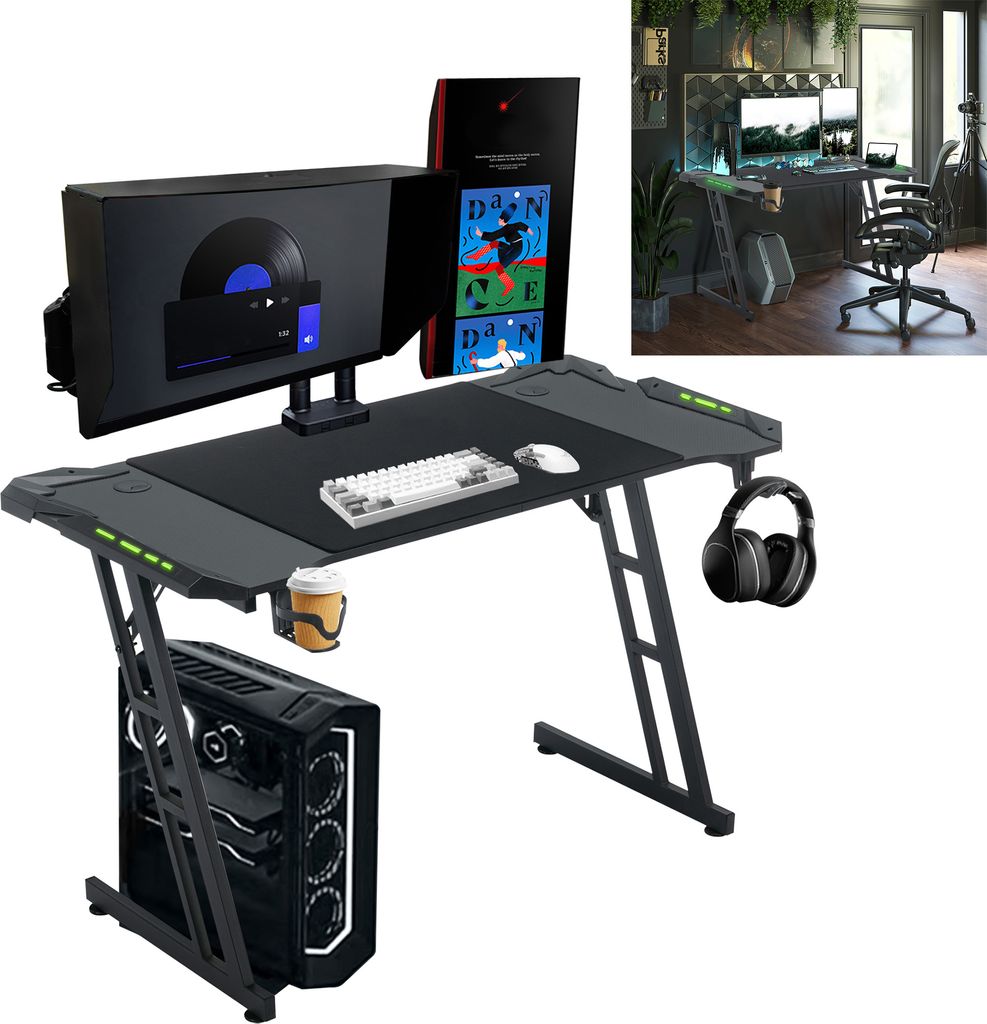 A gaming desk setup with a computer, monitors, keyboard, mouse, headphones, and a drink holder.