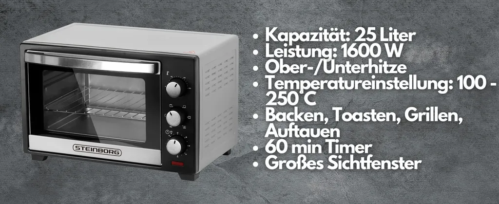 Steinborg Mini-four 25L 1600W Argent - Four à Pizza 3-en-1 Convection - 20
