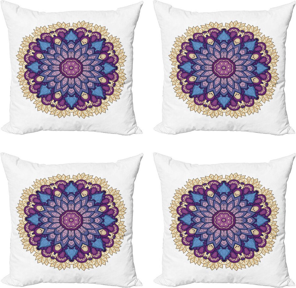 ABAKUHAUS Mandala Kissenbezug Set (4 Stück), Blumenverzierung Natur, Moderner Doppelseitiger Digitaldruck, 50 cm x 50 cm, lila, Gelb