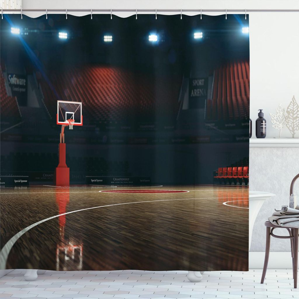 ABAKUHAUS Basketball Duschvorhang, Bild Der Leeren Basketballplatz Sport Arena Mit Holzfußboden Druck, 175 x 200 cm, Braun Schwarz und Rot