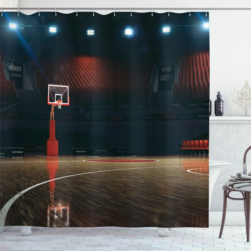 ABAKUHAUS Tenda da doccia con motivo pallacanestro, immagine di un campo da pallacanestro vuoto con pavimento in legno, 175 x 200 cm, marrone, nero e rosso