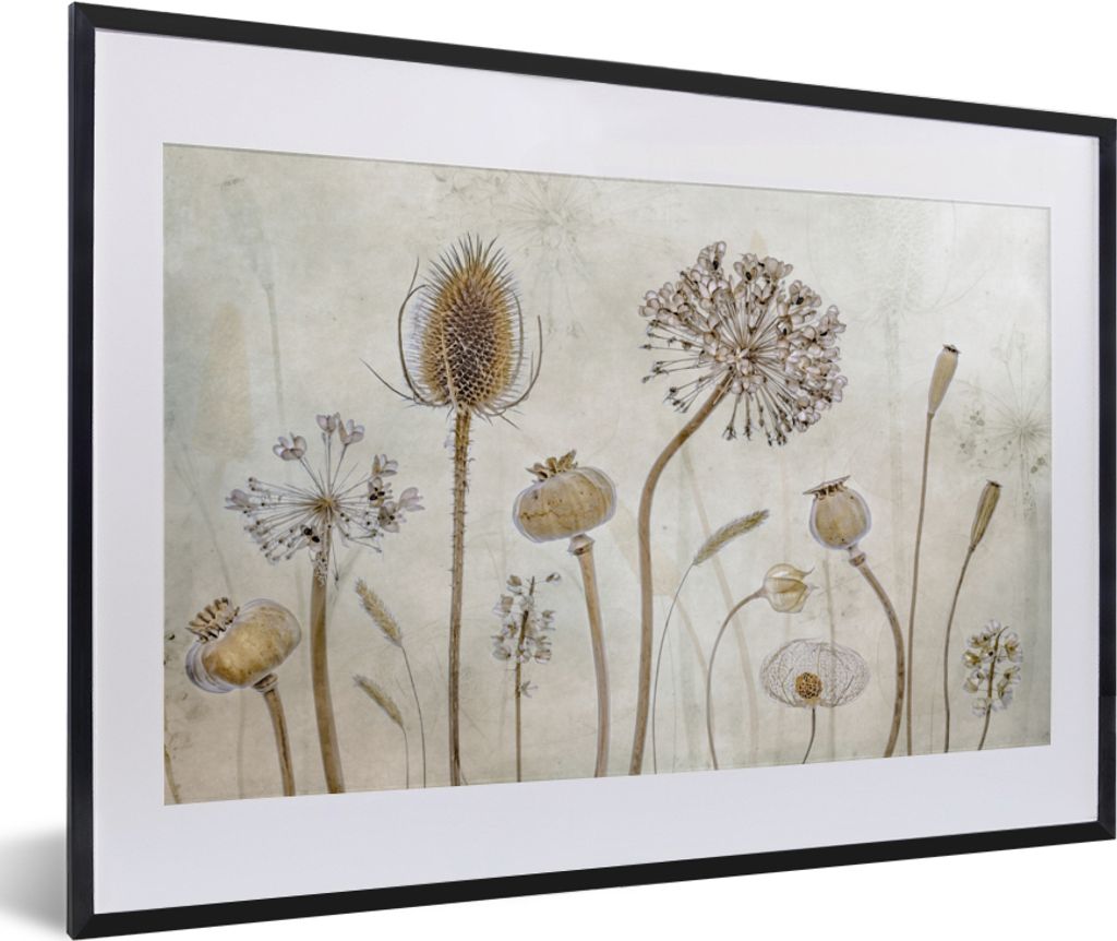 MuchoWow Gerahmtes Poster Blumen - Aquarell - Stilleben - Braun - Vintage 60x40 cm - Poster mit Schwarzem Bilderrahmen Wandposter Rahmen Foto Bil...
