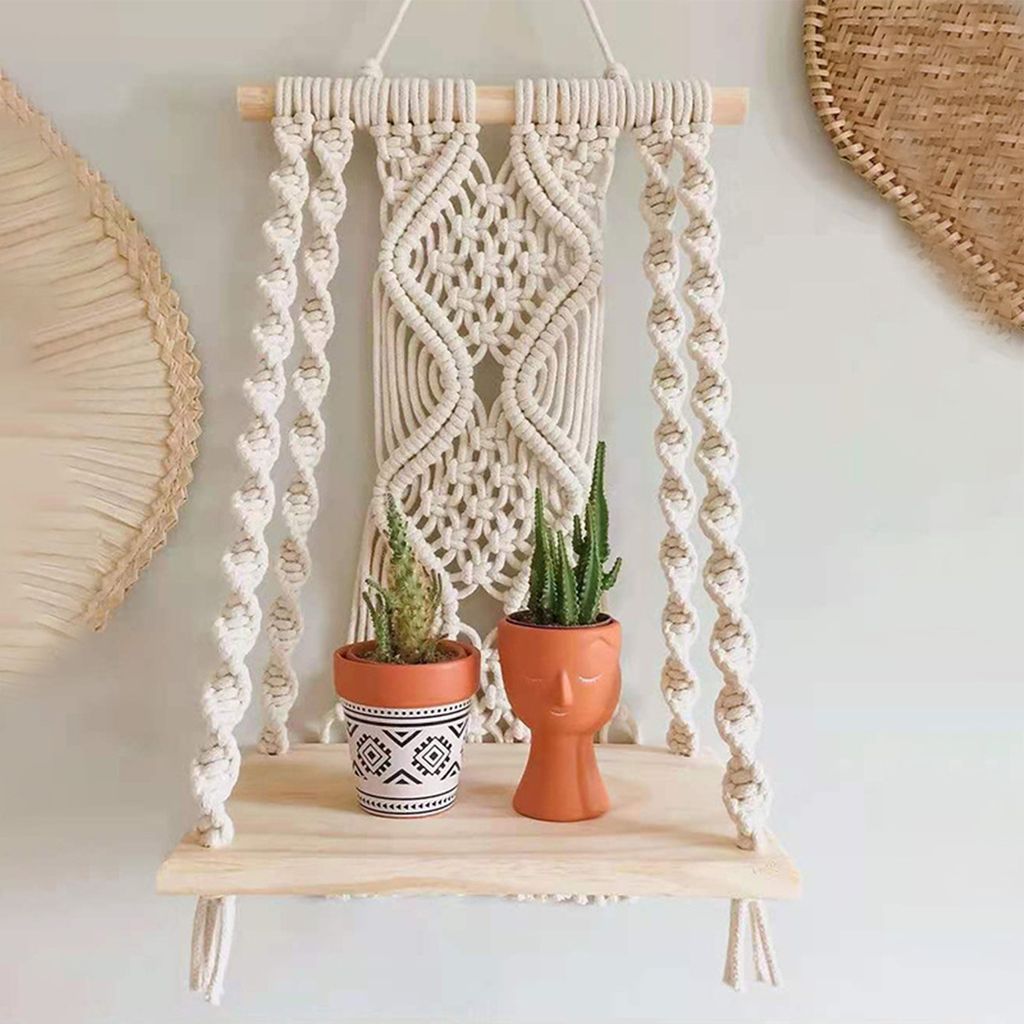 Boho Wandregal Wandhalterung gewebtes Holz Bohemian Makrame Wand Hanging Regale für Wohnzimmer