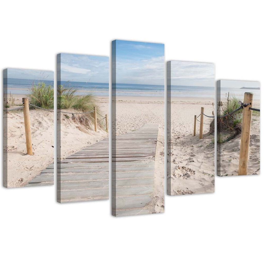 5-teiliges leinwandbild abstieg zum meer 150x100 cm Feeby blau wandbild bereit zum aufhängen