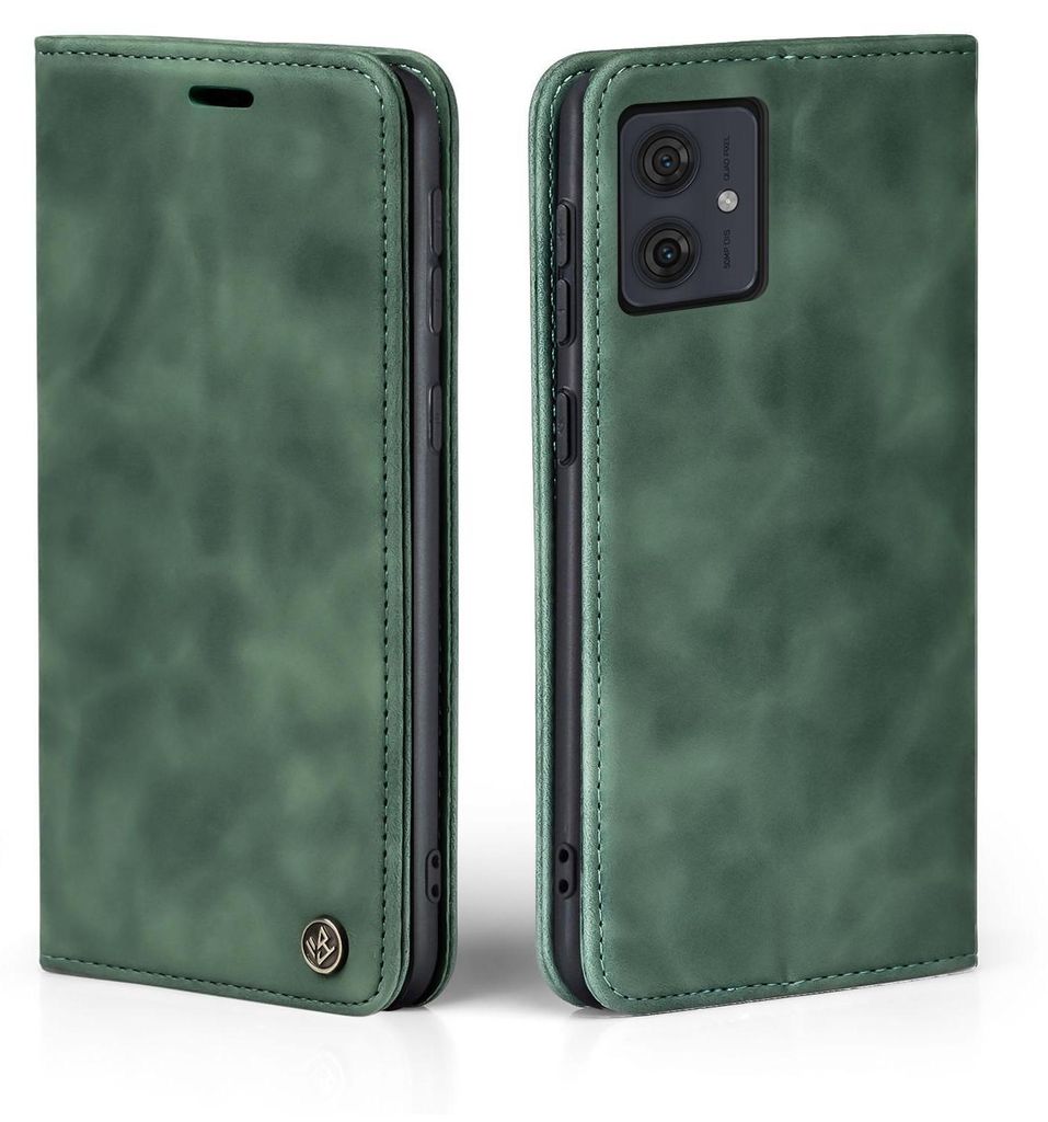 A green flip case for a Motorola Moto G54 phone, shown from the front and back.