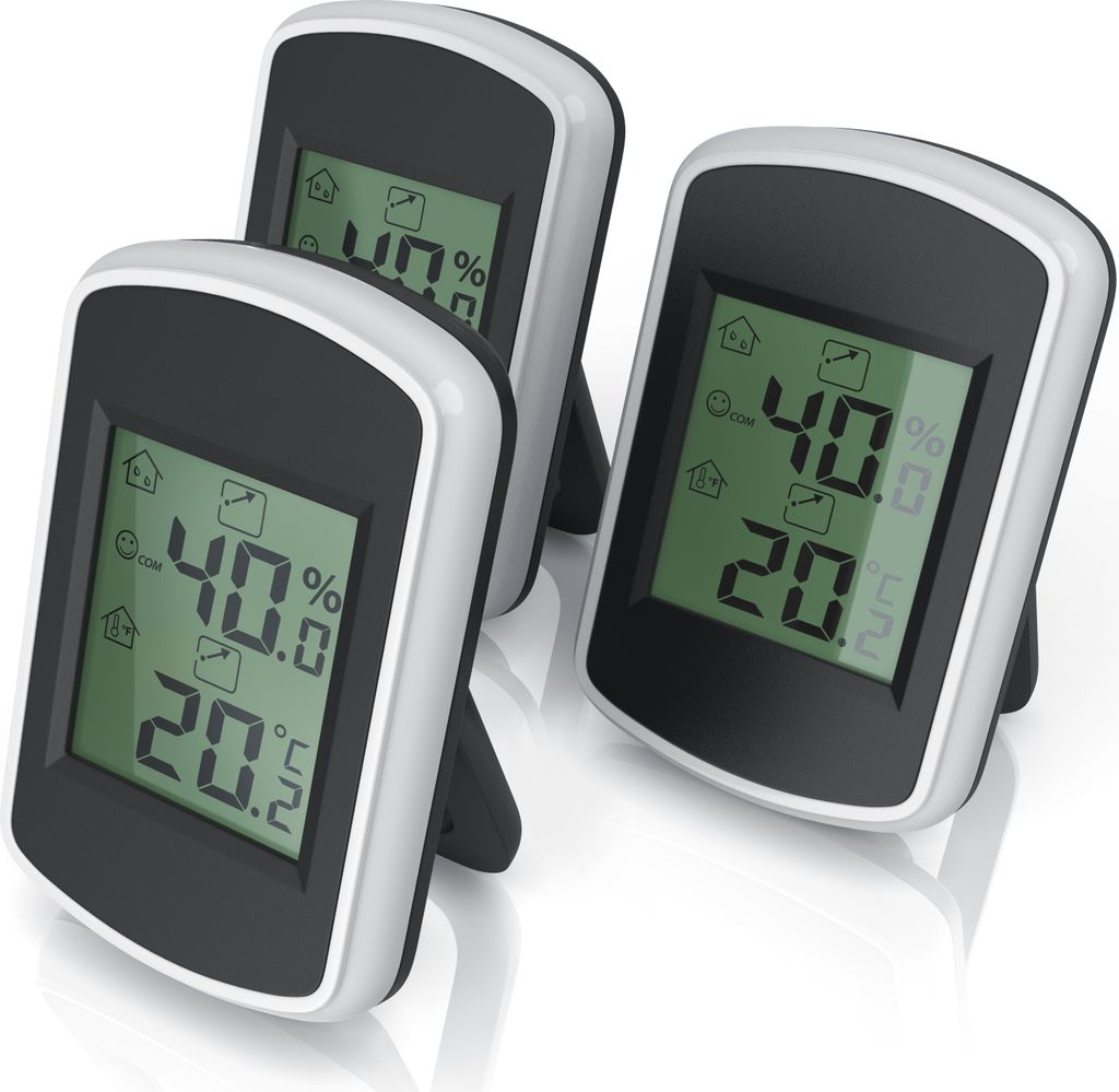 Three digital hygrometer thermometers are displayed on a white background.