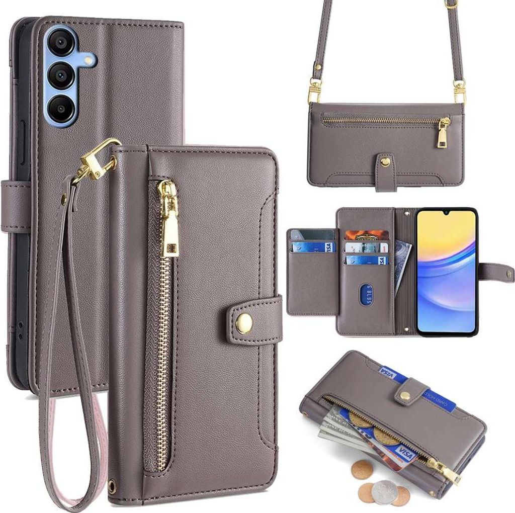 Handykette Samsung Hülle mit Band Handyhülle Kartenfächer Kunstleder Umhängetasche Galaxy A15 Grau