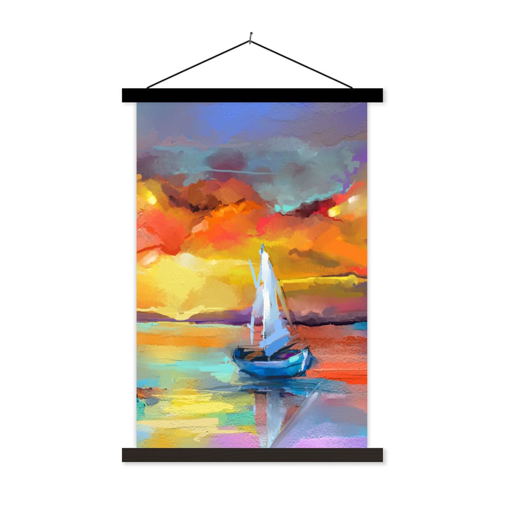 MuchoWow Textilposter Malerei - Ölfarbe - Boot - Farben 40x60 cm mit schwarzem Rahmen - Wanddekorationen