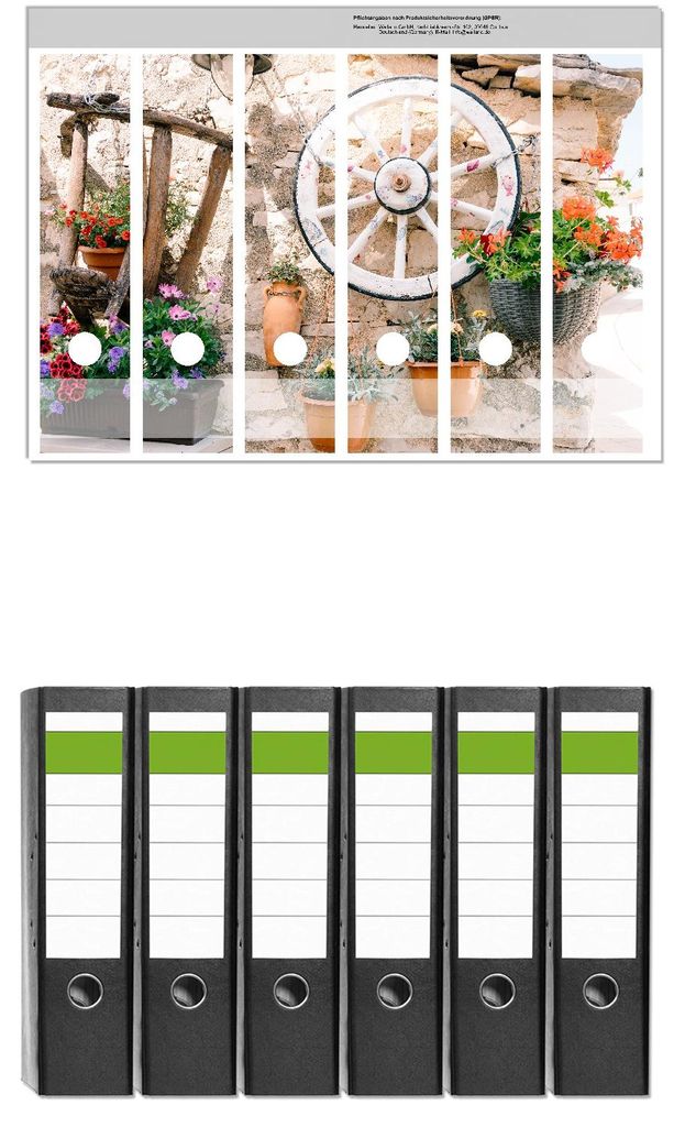 Wallario 6 Stück breite Ordner inkl. Klebeetiketten mit Motive Wagenrad an Natursteinwand - Set mit Rückenschildern / Ordnerrücken Stickern