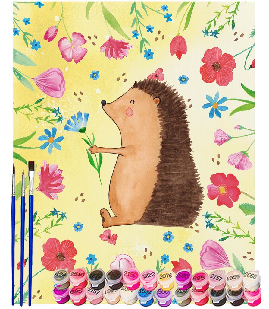 Mr. & Mrs. Panda Malen nach Zahlen Igel Blumen 40 x 50 cm Ohne Rahmen - Gelb Pastell - Geschenk, Genesungswünsche, Krankheit, Lustige Sprüche, kr...