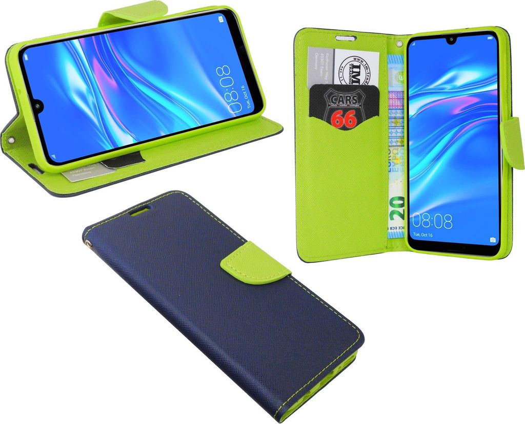 cofi1453 Buch Tasche "Fancy" kompatibel mit HUAWEI Y7 2019 Handy Hülle Etui Brieftasche Schutzhülle mit Standfunktion, Kartenfach Blau-Grün