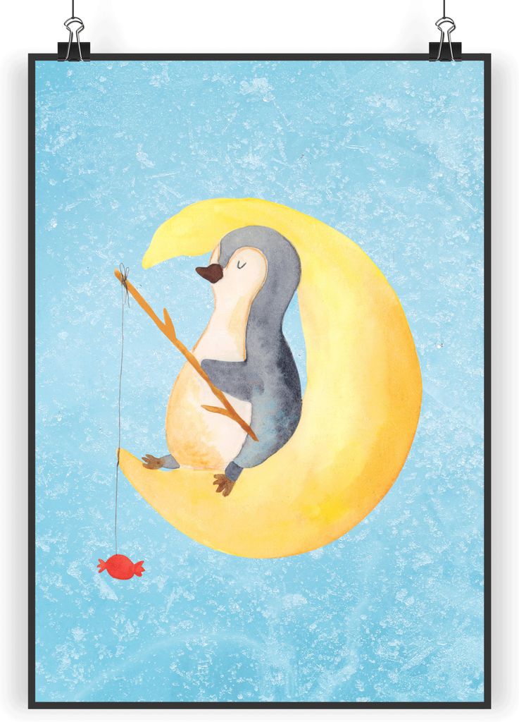 Mr. & Mrs. Panda Bild Pinguin Mond DIN A3 - Eisblau - Geschenk, Pinguine, Erschöpft, Spruch, Wandbild, kunstdruck poster, Deko, Süßigkeiten, Mü...
