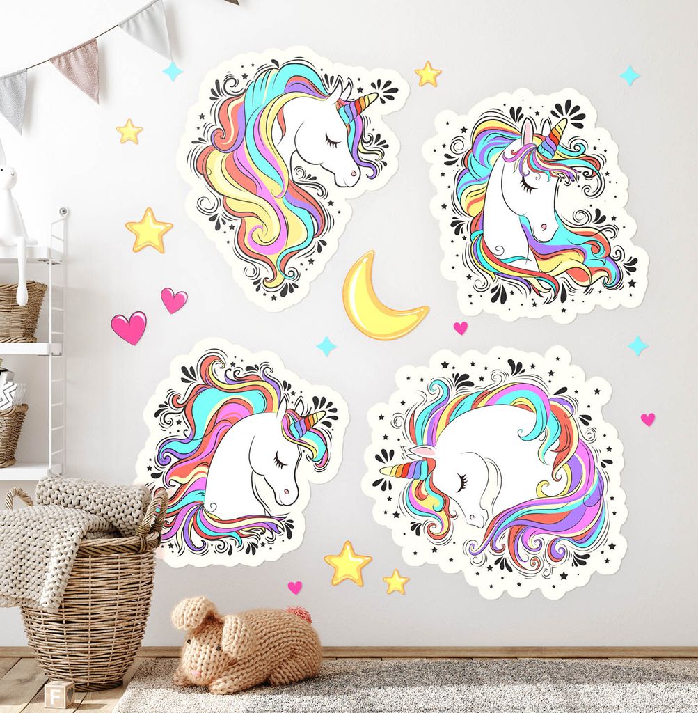 Bunte Einhörner– Wandgestaltung – Wandbilder Kinder – Motivtapeten Set – Wanddekor Kinderzimmer – Selbstklebende Wandsticker – 60x84 cm