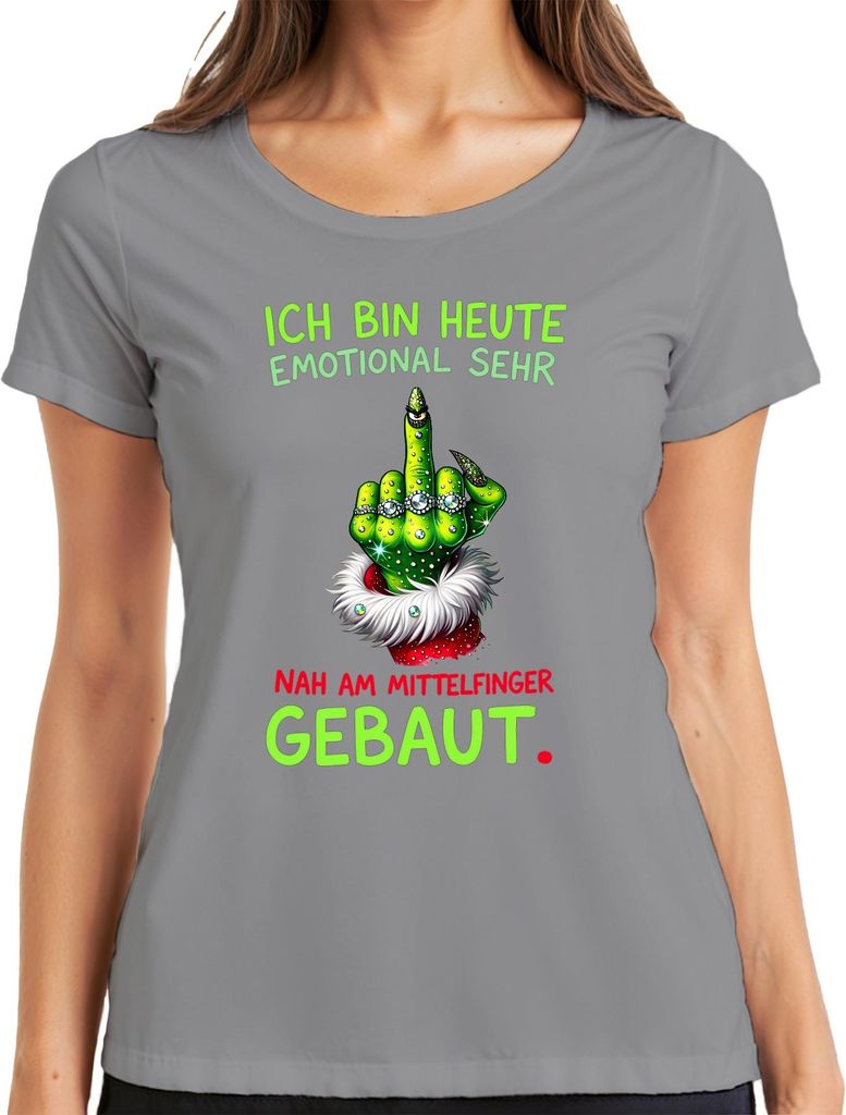 ICH BIN HEUTE EMOTIONAL NAH AM MITTELFINGER Grinch Weihnachten Damen T-Shirt, Grau, S