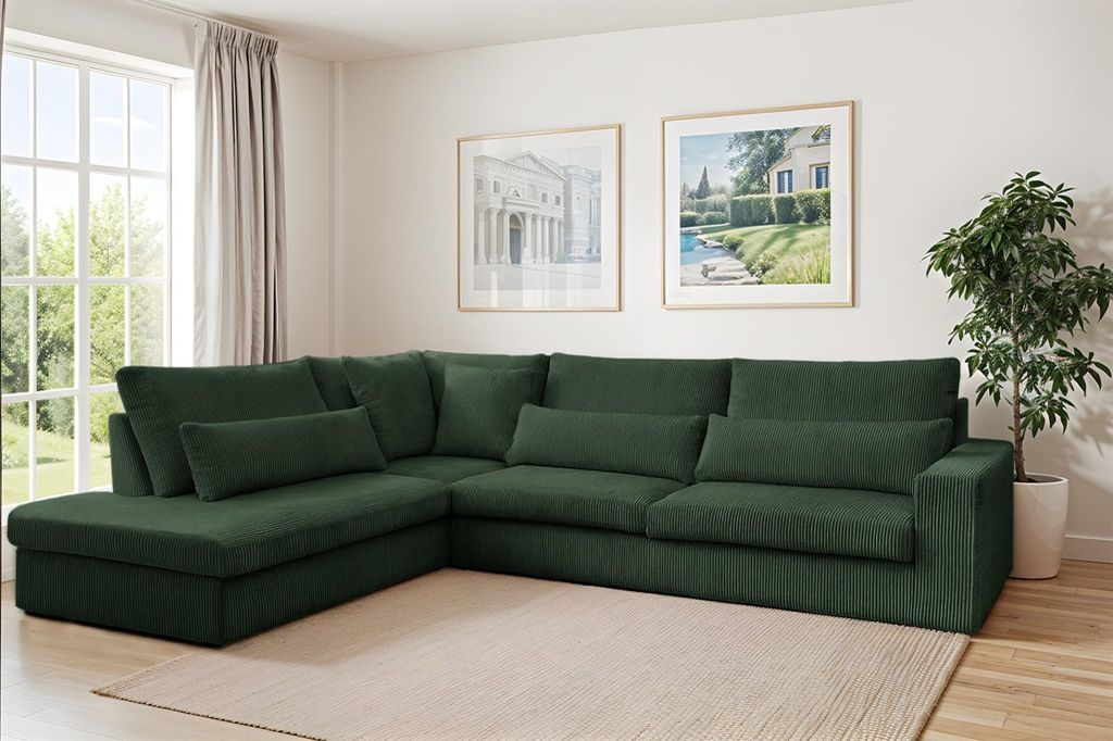 Ecksofa Designersofa THORA in Stoff Poso Grün Ottomane Links