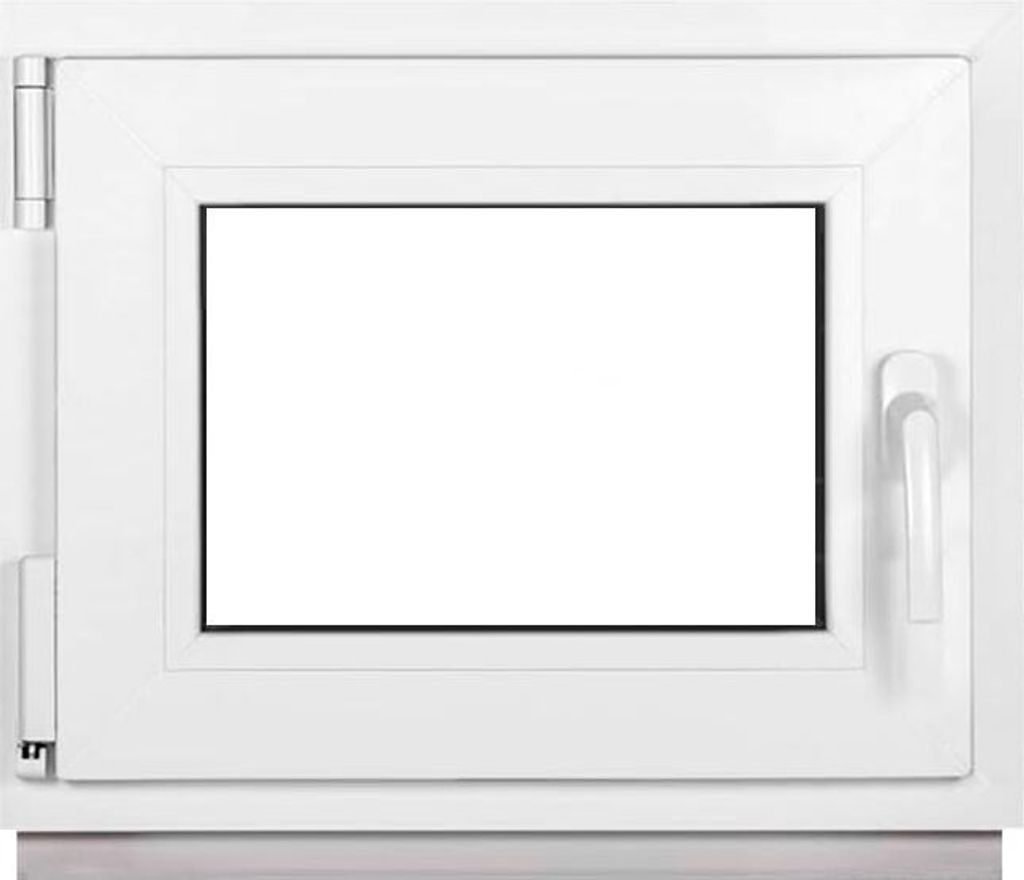 A white PVC window with a clear glass pane and a white handle.